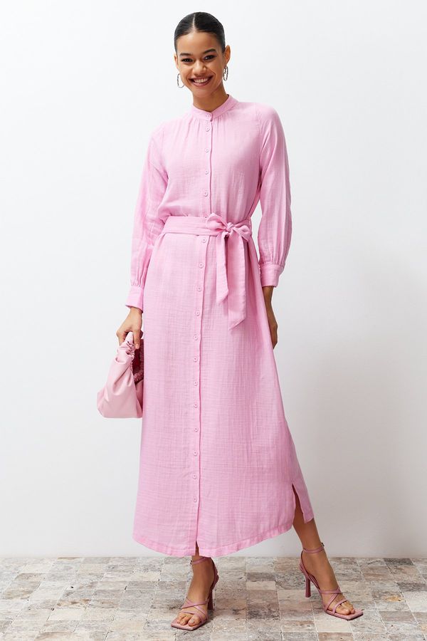 Trendyol Trendyol Pink Magnifying Collar Belted Plain Woven Shirt Dress