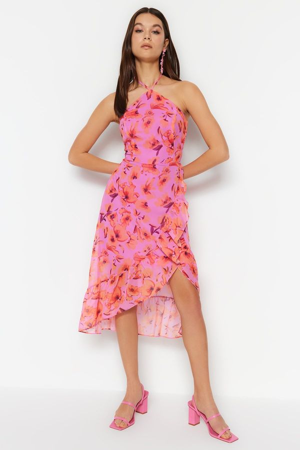 Trendyol Trendyol Pink Midi Woven Lined Frilly Asymmetric Skirt Floral Pattern Woven Dress