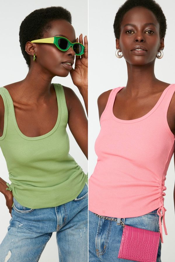 Trendyol Trendyol Pink-Mint 2-Pack Shirring Detailed Pool Collar Ribbed Flexible Knitting Singlet