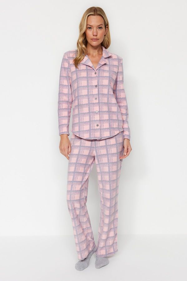 Trendyol Trendyol Pink Multicolor Fleece Plaid Winter Knitted Pajamas Set