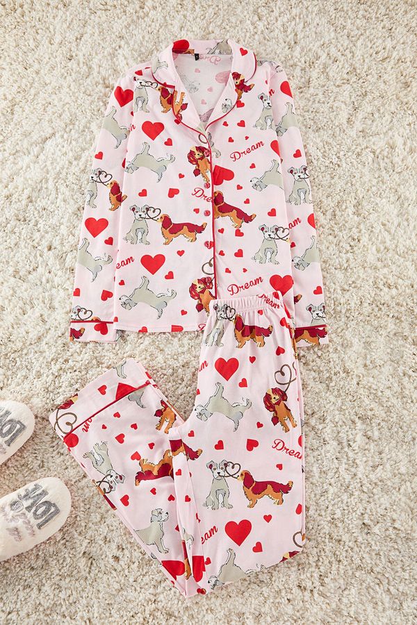 Trendyol Trendyol Pink-Multicolored 100% Cotton Dog Patterned Piping Knitted Pajama Set