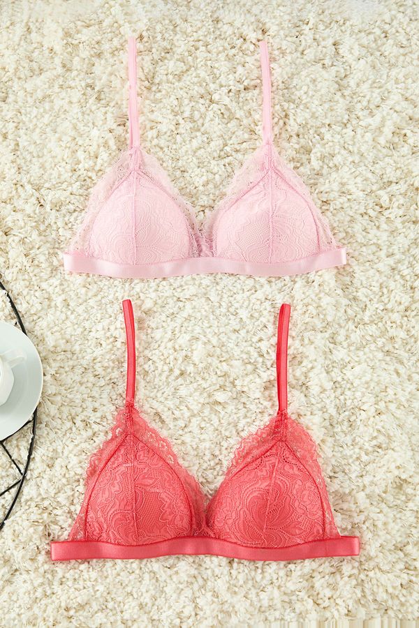 Trendyol Trendyol Pink-Multicolored 2-Pack Lace Rope Strap Non-wired Cupped Bralette Knit Bra