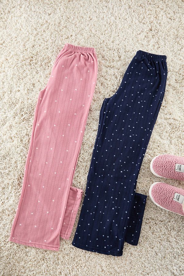 Trendyol Trendyol Pink-Navy 2-Pack Star and Heart Patterned Polar Fleece Knitted Pajama Bottoms