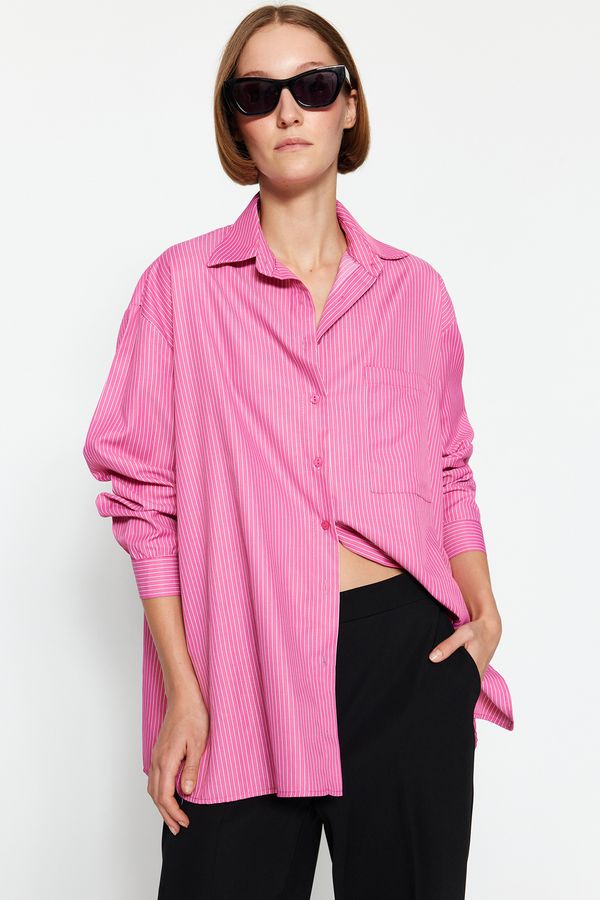 Trendyol Trendyol Pink Oversize Wide Fit Striped Woven Shirt