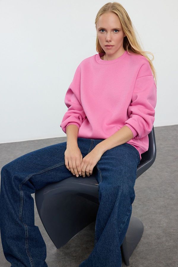 Trendyol Trendyol Pink Oversize/Relaxed Fit Basic Crew Neck Thick/Polar inside Knitted Sweatshirt