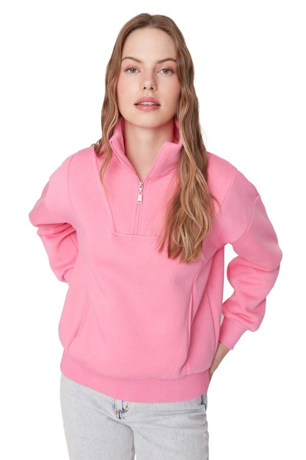 Trendyol Trendyol Pink Oversize/Wide Zipper High Neck Thick Fleece Knitted Sweatshirt