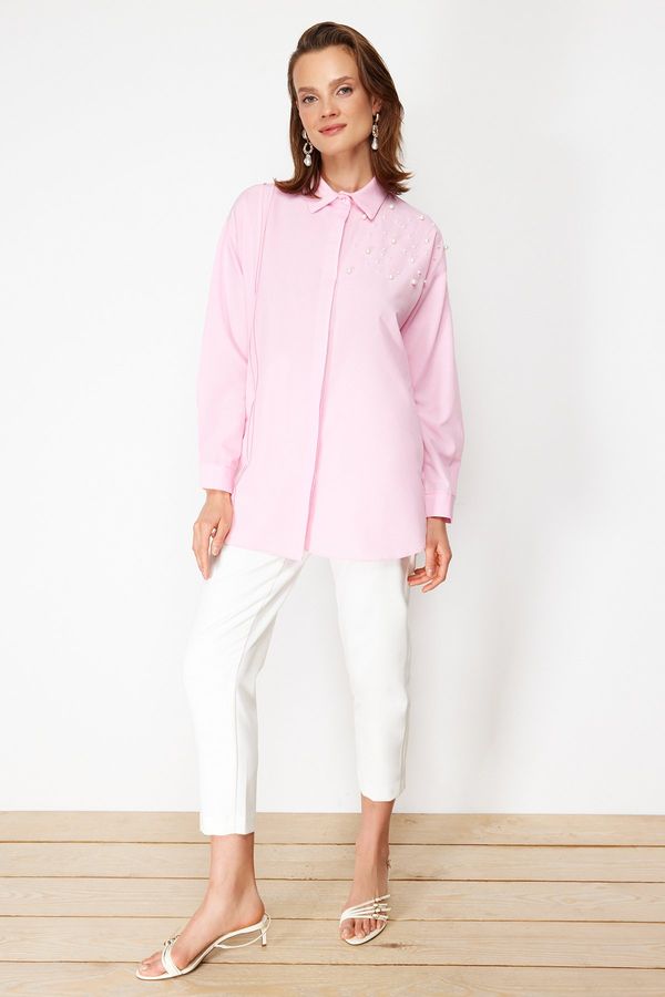 Trendyol Trendyol Pink Pearl Detailed Cotton Woven Shirt