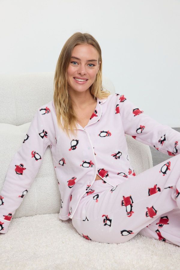 Trendyol Trendyol Pink Penguin Patterned Piping Detailed Polar Winter Knitted Pajama Set