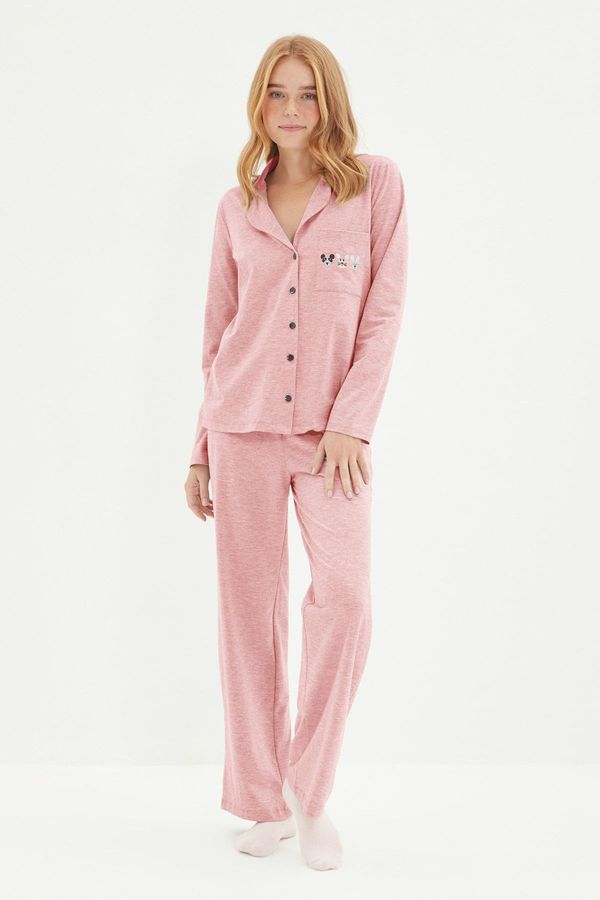 Trendyol Trendyol Pink Piping and Pocket Detailed Printed Knitted Pajama Set