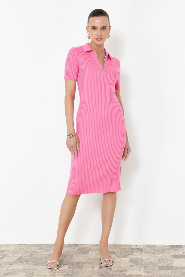 Trendyol Trendyol Pink Plain Midi Polo Neck Knitwear Dress
