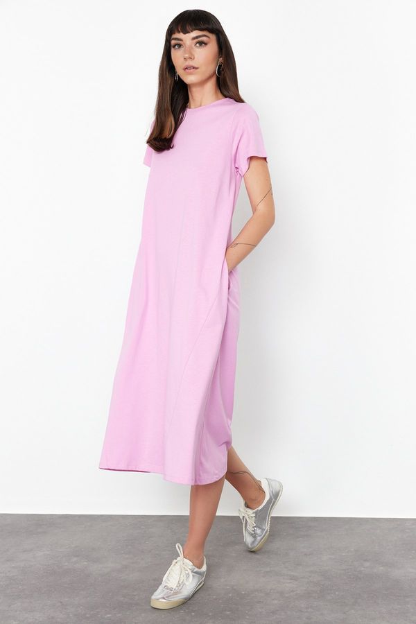 Trendyol Trendyol Pink Plain Pocket Crew Neck A-Line Knitted Dress