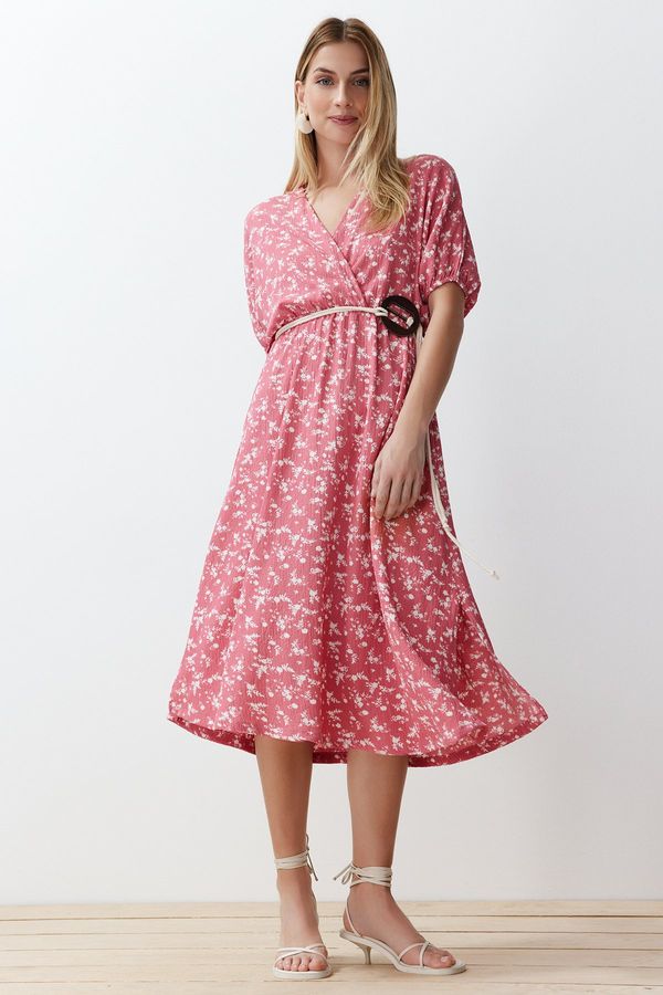 Trendyol Trendyol Pink Printed Accessory Belt Detailed Gathered Flexible Knitted Maxi Dress