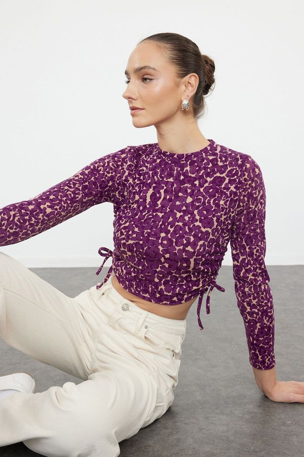 Trendyol Trendyol Pink Printed Fitted Gather/Drape Detailed Stretchy Knitted Blouse