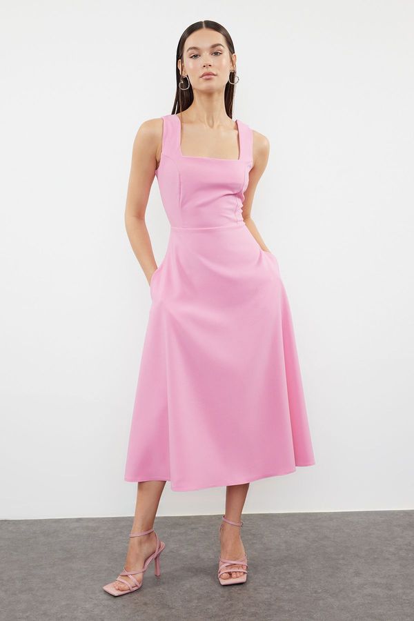 Trendyol Trendyol Pink Skirt Opening at the Waist Square Collar Pocket Detailed Midi Woven Dress