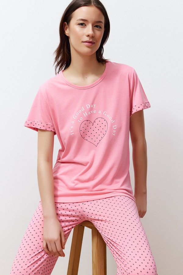 Trendyol Trendyol Pink Slogan Printed Polka Dot Knitted Pajamas Set