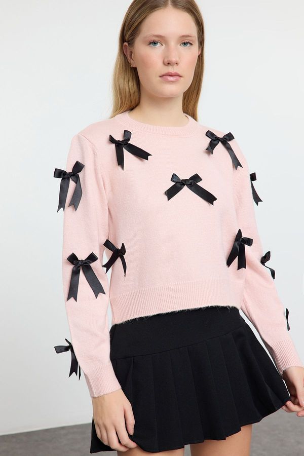 Trendyol Trendyol Pink Soft Textured Ribbon/Bow Detailed Knitwear Sweater