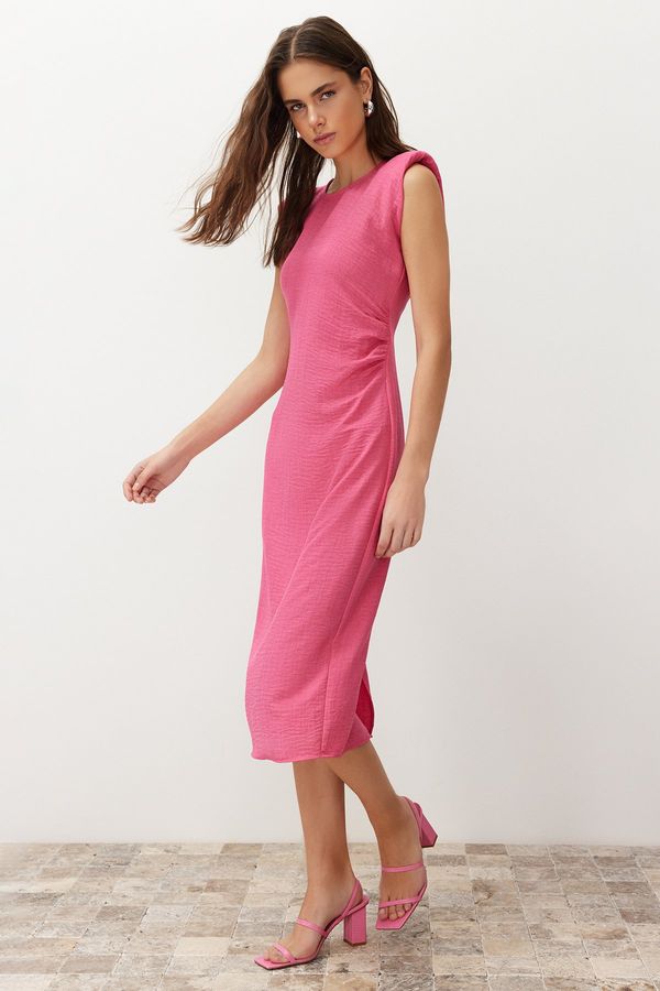 Trendyol Trendyol Pink Straight Cut Gather Detailed Midi Woven Dress