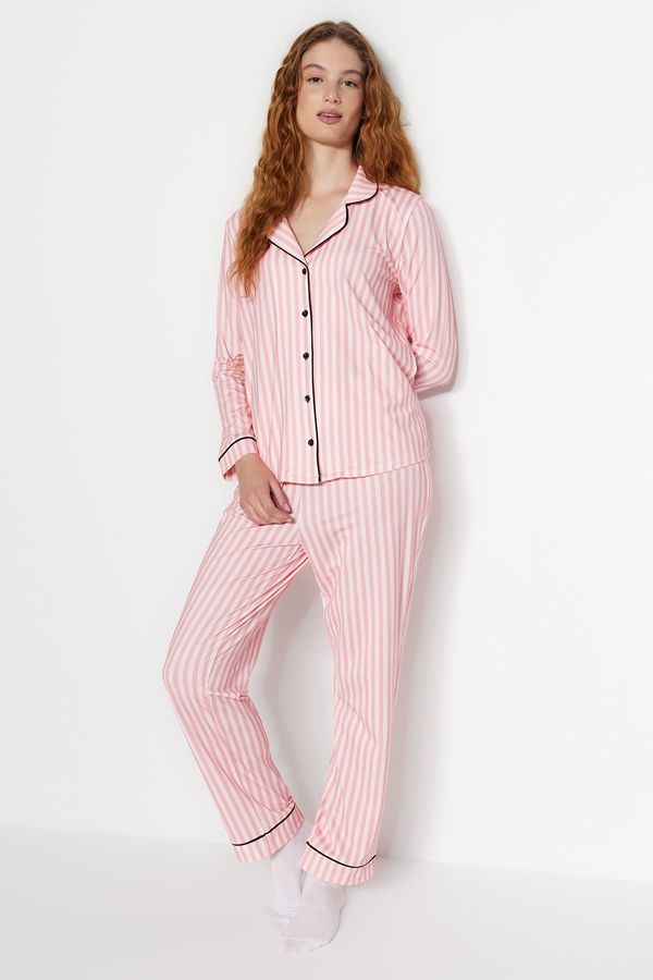 Trendyol Trendyol Pink Stripe Patterned Piped Fleece Lined Shirt-Pants Knitted Pajama Set