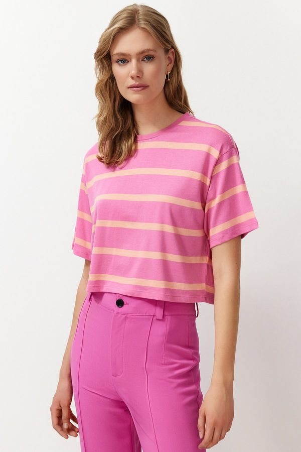 Trendyol Trendyol Pink Striped Relaxed Crop Stretchy Knitted T-Shirt