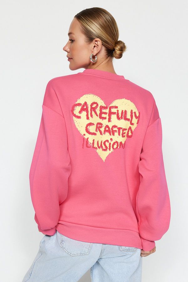 Trendyol Trendyol Pink Thick Fleece Inside With Relief Print On The Chest And Back, Oversized Knitted Sweatshirt