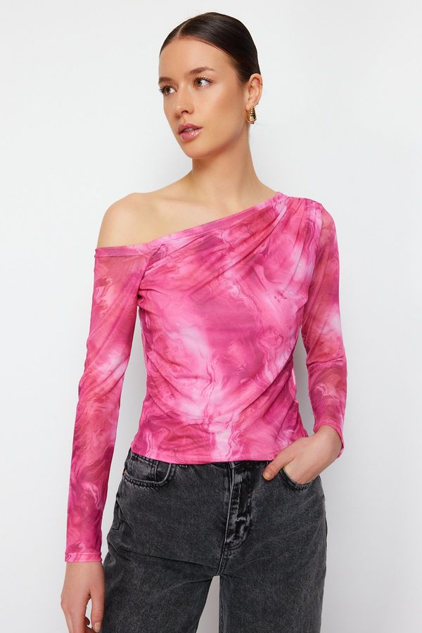 Trendyol Trendyol Pink*001 Patterned Tulle Lined Asymmetrical Collar Knitted Blouse