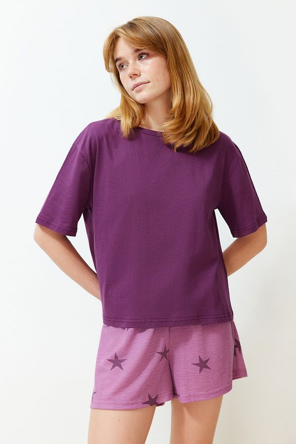 Trendyol Trendyol Plum 100% Cotton Star Patterned Knitted Pajamas Set
