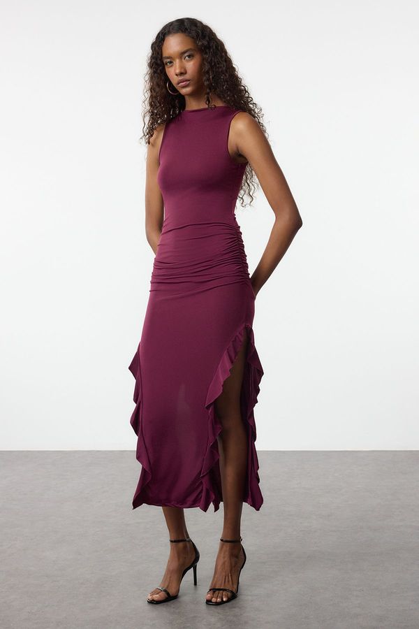 Trendyol Trendyol Plum Bodycone Zero Sleeve Slit Ruffle Detail Flexible Maxi Pencil Dress