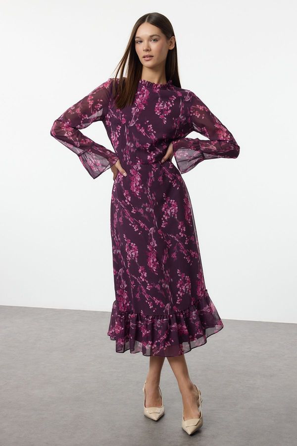 Trendyol Trendyol Plum Floral Patterned A-Line Stand Collar Midi Lined Chiffon Woven Winter Dress