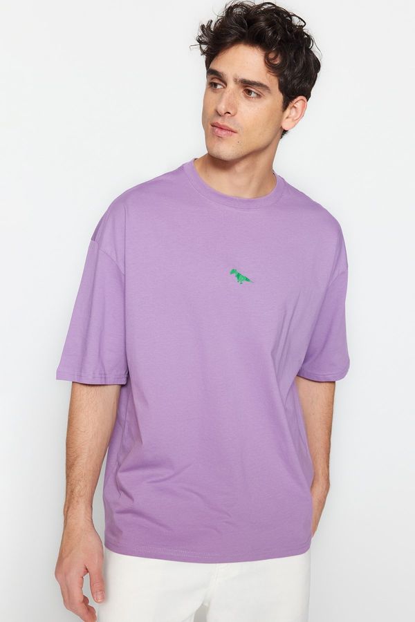 Trendyol Trendyol Plum Oversize/Wide Cut Dinosaur Embroidered Short Sleeve 100% Cotton T-Shirt