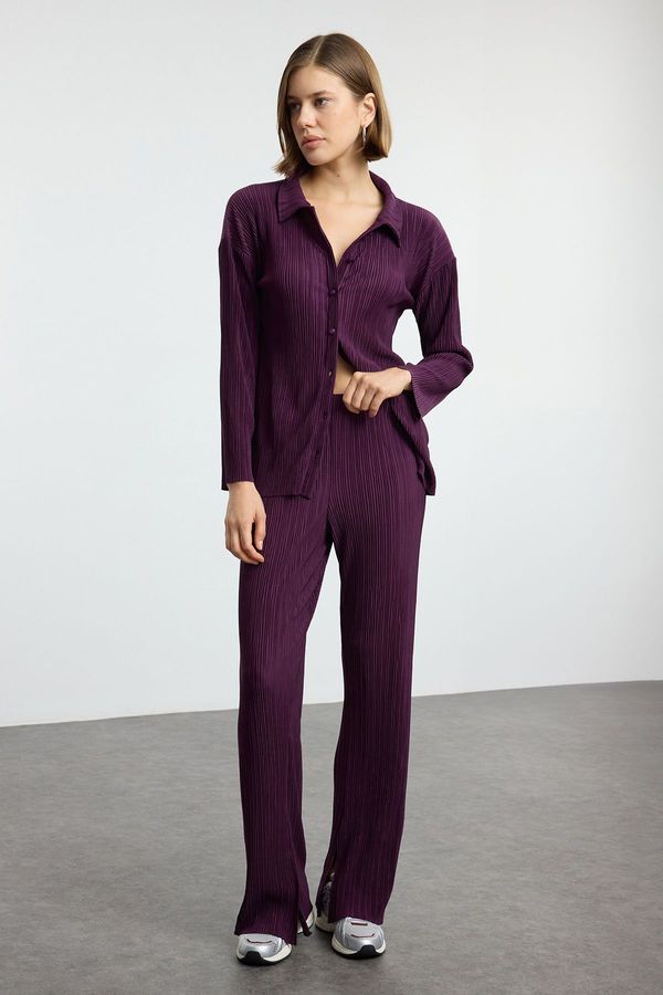 Trendyol Trendyol Plum Pleated Oversize/Wide Pattern Buttoned Knitted Top-Bottom Set