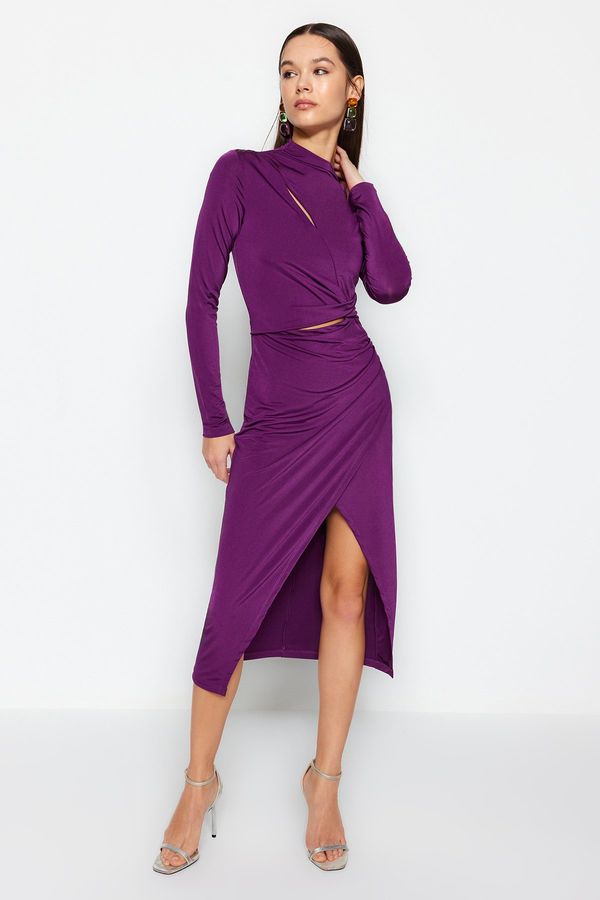 Trendyol Trendyol Plum Purple Fitted Evening Dress with Window/Cut Out Details