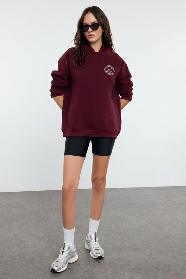 Trendyol Trendyol Plum Slogan Printed Oversize/Wide Pattern Thick Inside Polar Fleece Knitted Sweatshirt