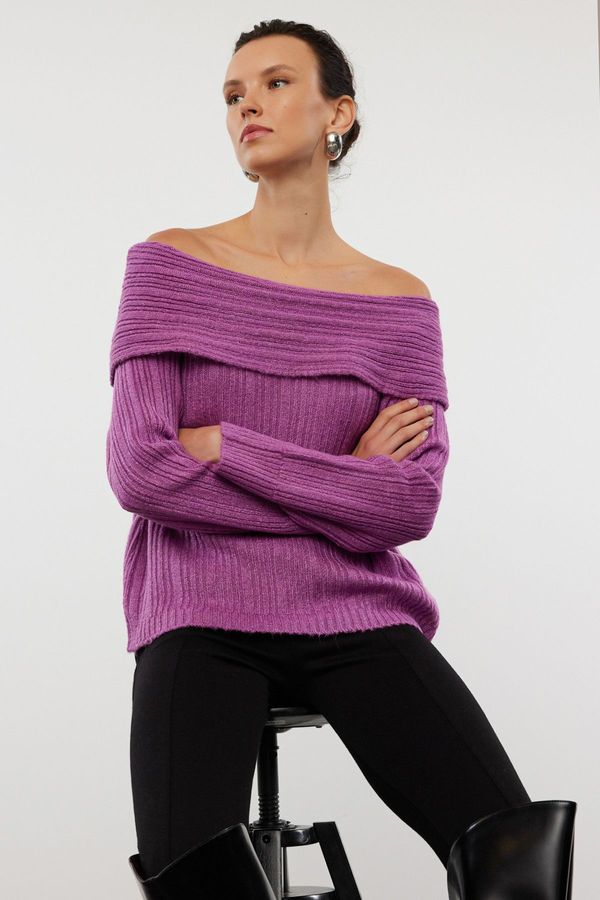 Trendyol Trendyol Plum Soft Textured Carmen Collar Knitwear Sweater