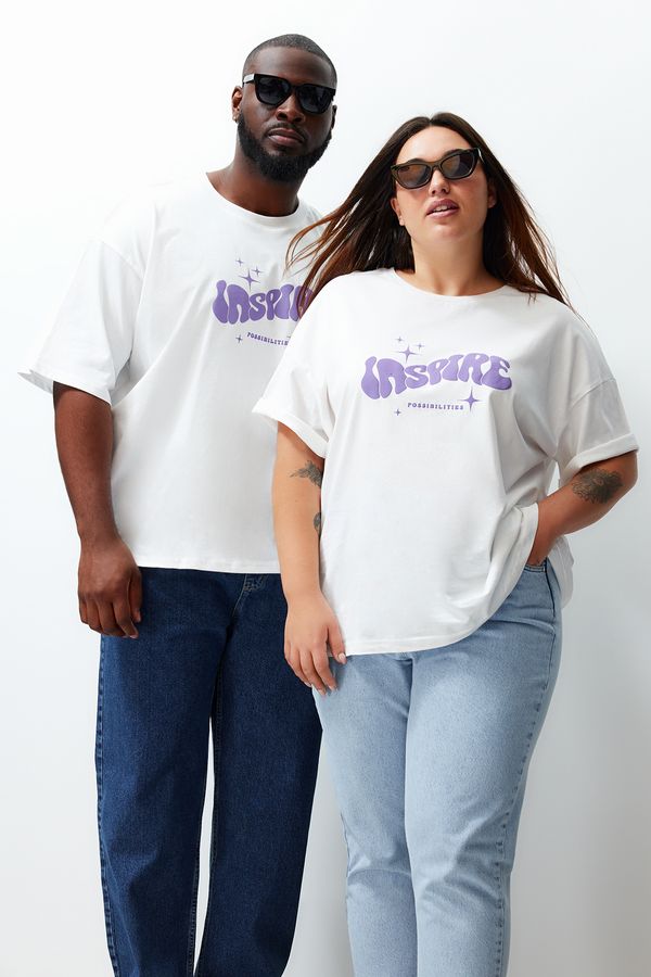 Trendyol Trendyol Plus Size Ecru Unisex Oversize Comfortable 100% Cotton Printed Couple T-Shirt