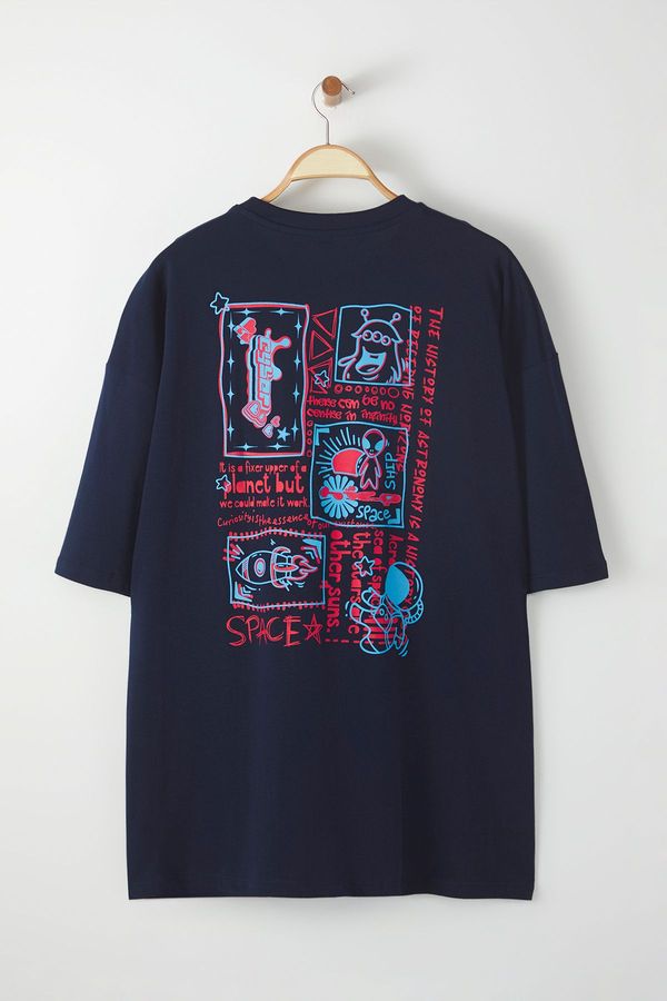 Trendyol Trendyol Plus Size Navy Blue Oversize/Wide Cut 100% Cotton T-Shirt