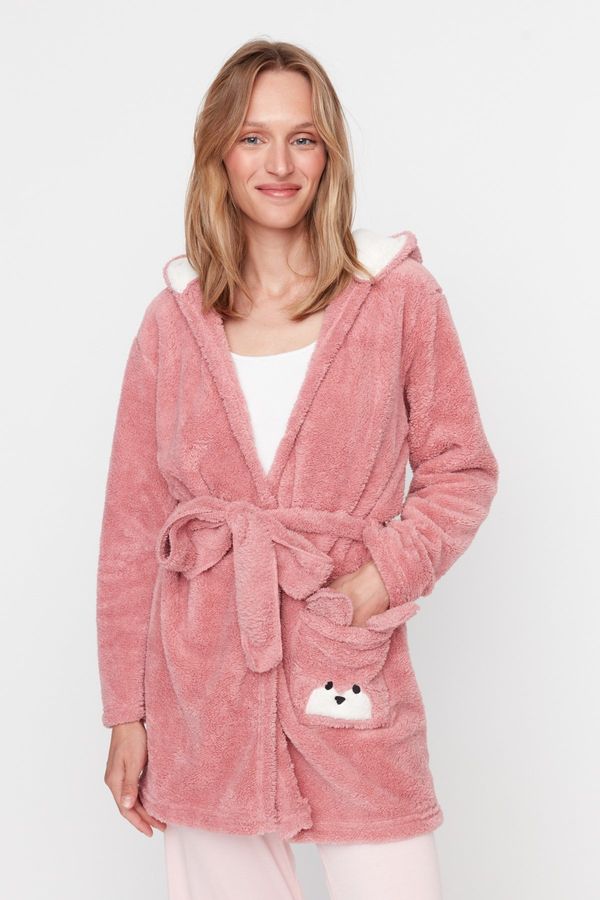 Trendyol Trendyol Powder Belted Animal Figured Pocket Hooded Wellsoft Winter Knitted Dressing Gown