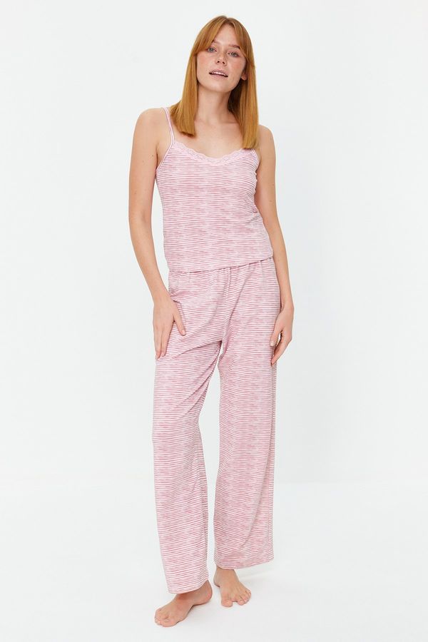 Trendyol Trendyol Powder Cotton Striped Lace Detailed Rope Strap Knitted Pajama Set