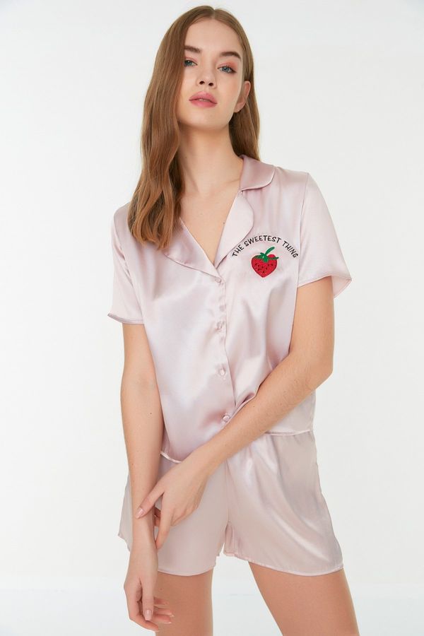 Trendyol Trendyol Powder Embroidered Satin Shirt-Shorts Woven Pajamas Set