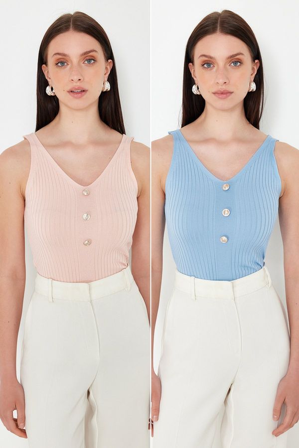 Trendyol Trendyol Powder-Light Blue Double Pack V-Neck Top Knitwear Thin Blouse