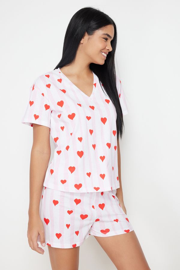 Trendyol Trendyol Powder-Multicolor Striped and Heart Knitted Pajamas Set