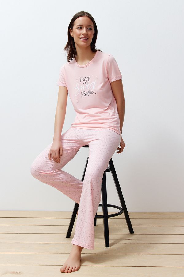 Trendyol Trendyol Powder Slogan Printed Polka Dot Knitted Pajamas Set
