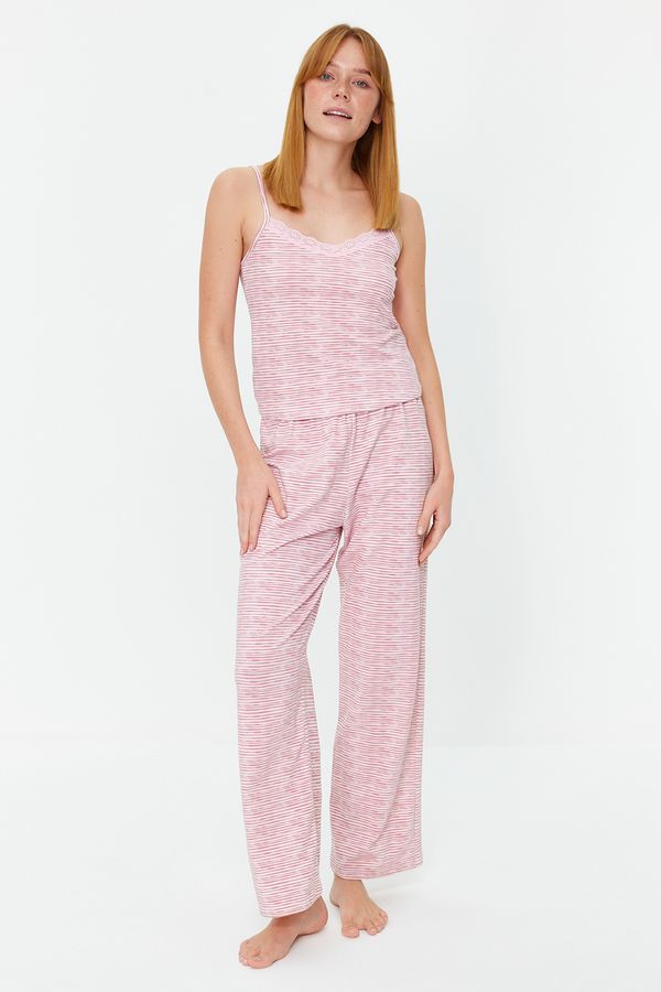 Trendyol Trendyol Powder Striped Lace Detailed Cotton Singlet-Pants Knitted Pajamas Set