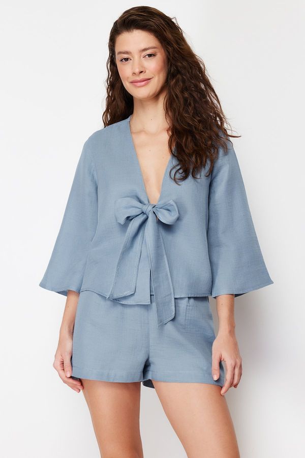 Trendyol Trendyol Premium Blue 100% Cotton Tie Detailed Muslin Woven Pajamas Set