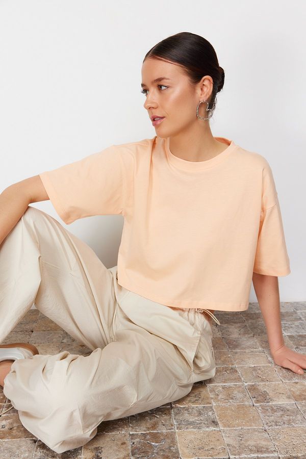 Trendyol Trendyol Premium Peach 100% Cotton Basic Crop Knitted T-Shirt