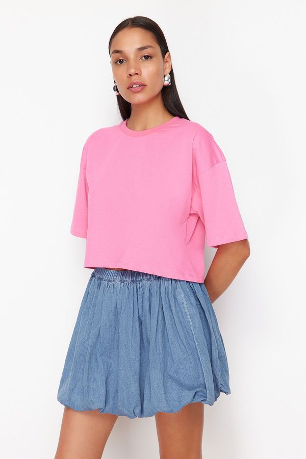 Trendyol Trendyol Premium Pink 100% Cotton Basic Crop Knitted T-Shirt