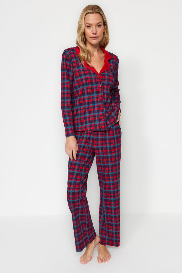 Trendyol Trendyol Premium Red 100% Cotton Plaid Shirt-Pants Knitted Pajama Set