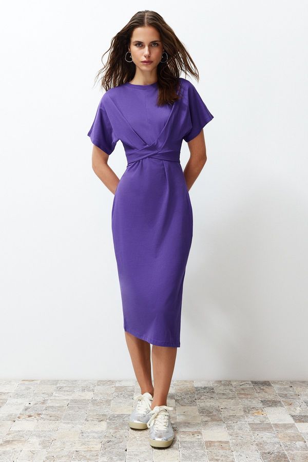 Trendyol Trendyol Purple 100% Cotton Waist Slit and Tie Detailed Midi Knitted Pencil Dress