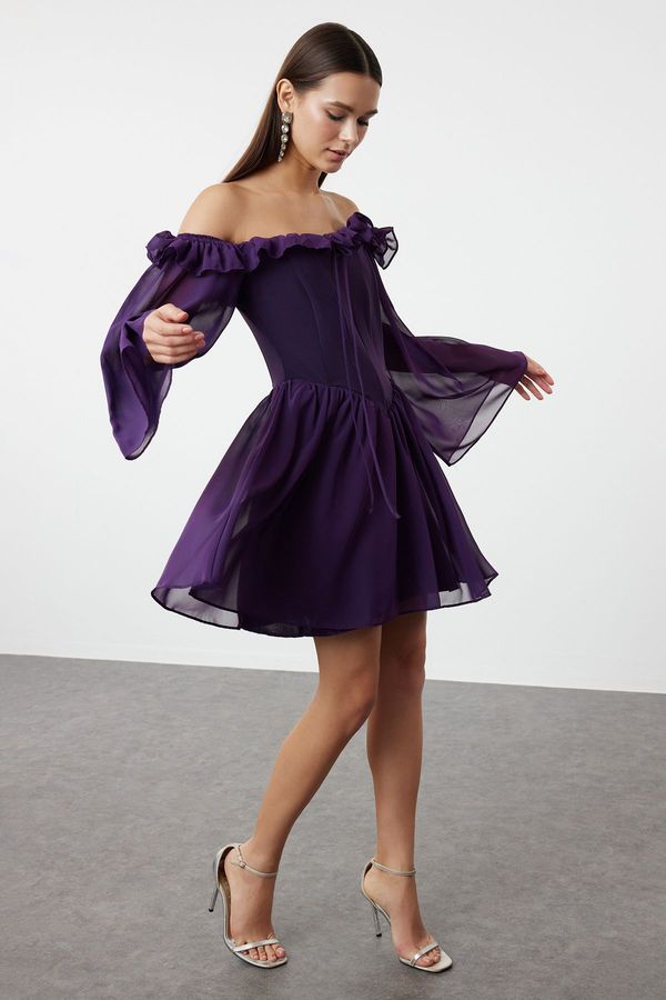 Trendyol Trendyol Purple A-Line Lined Flounce Woven Chiffon Short Elegant Evening Dress