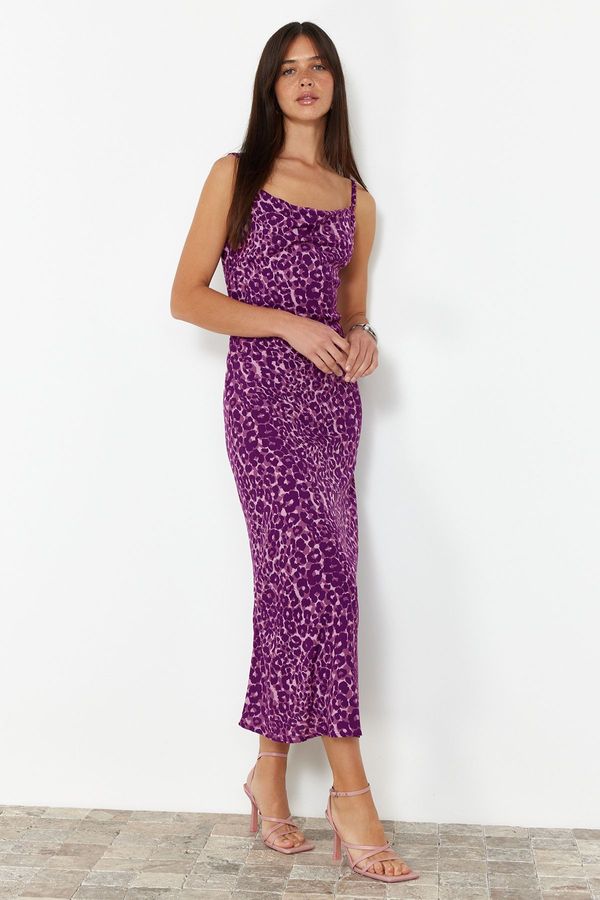 Trendyol Trendyol Purple Animal Patterned Body-hugging Cowl Neck Viscose Midi Strappy Woven Midi Dress