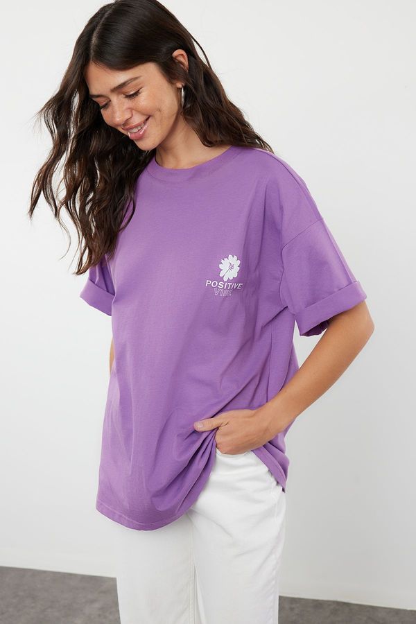 Trendyol Trendyol Purple Back Printed Oversize/Wide Fit Crew Neck Knitted T-Shirt